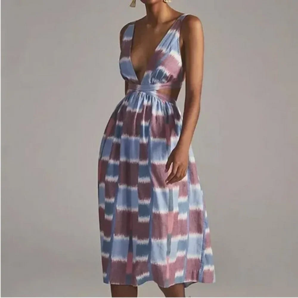 Anthropologie S NWT Deep-V Midi Dress Watercolor Blue Motif 80$ Boho Small - Picture 1 of 5